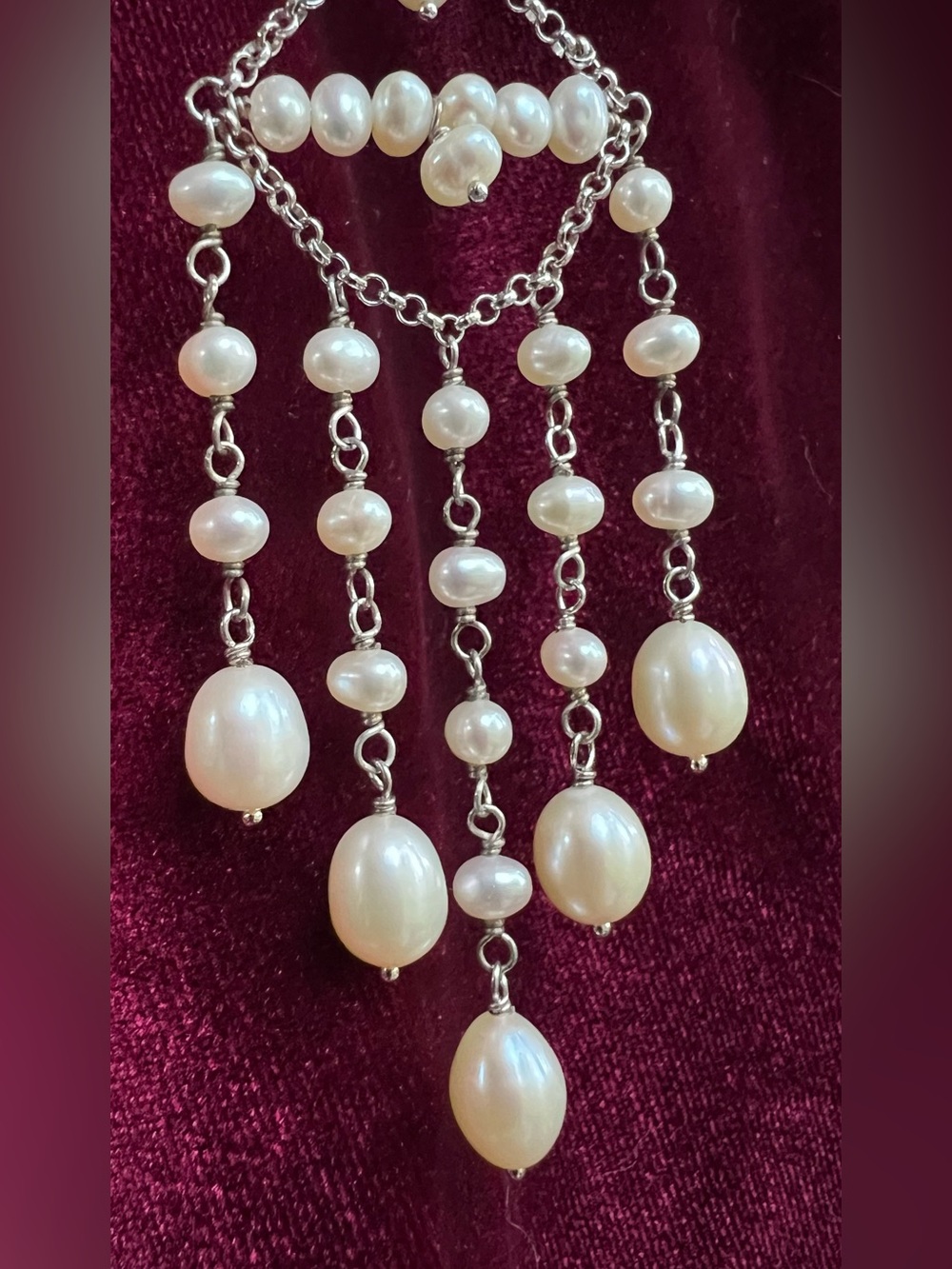 Vintage WW 925 Sterling Genuine Pearl Chandelier Bridal Statement Earrings 15g - Picture 3 of 7